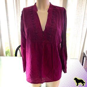 Old Navy Fuchsia Bright Pink Top Blouse Size L Large Boho Bohemian Long Sleeve